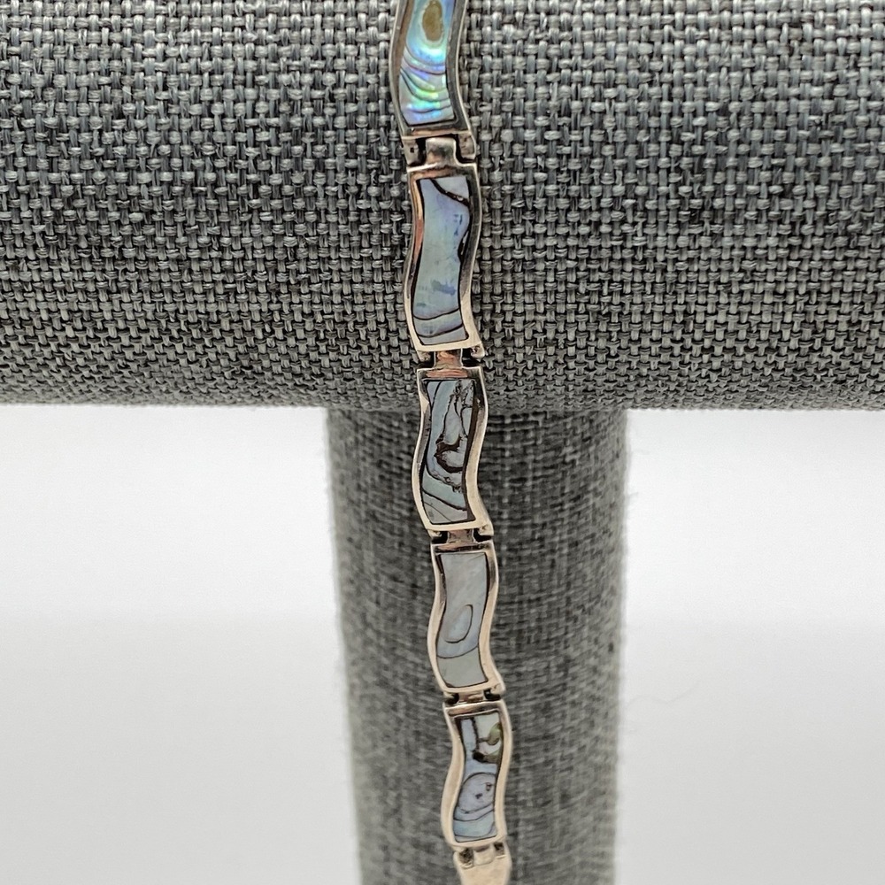 Unsigned 925 Sterling Silver Bracelet Vintage Abalone Shell Blue Green 7.25"